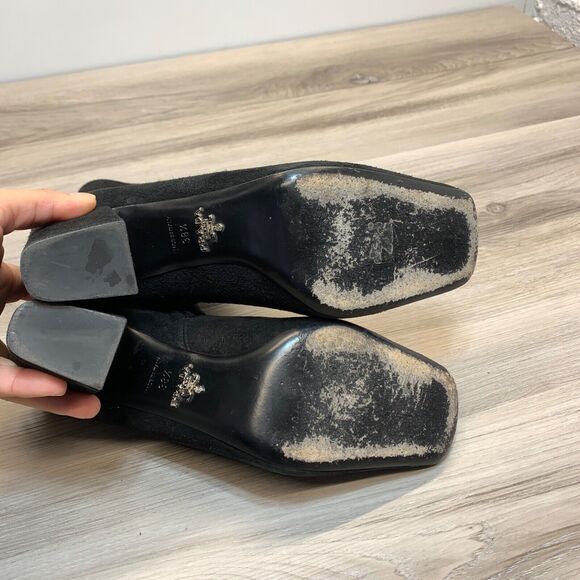 PRADA Black Italian Suede Leather High Heel Ankle Boots Square Toe EU 38.5 7.5 - Picture 10 of 13